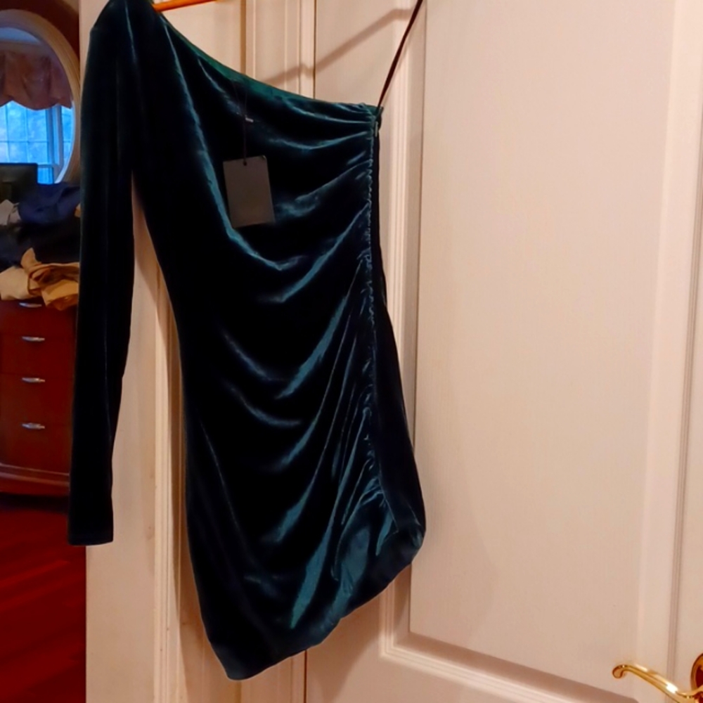 NBD Ginnie One Shoulder Velvet Mini Dress Green Sexy Cocktail Party Womens XS